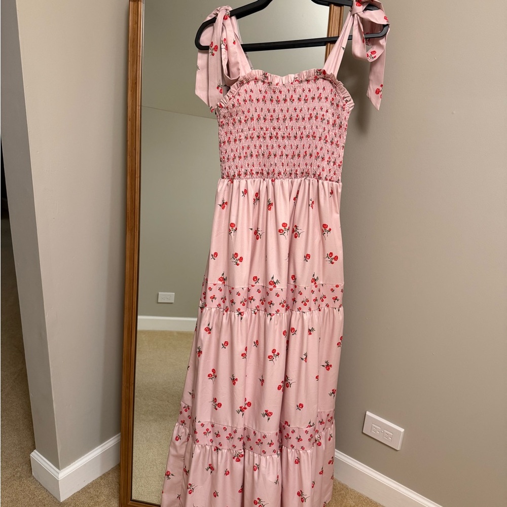 Pink Floral Smocked Maxi Dress with Tie Straps